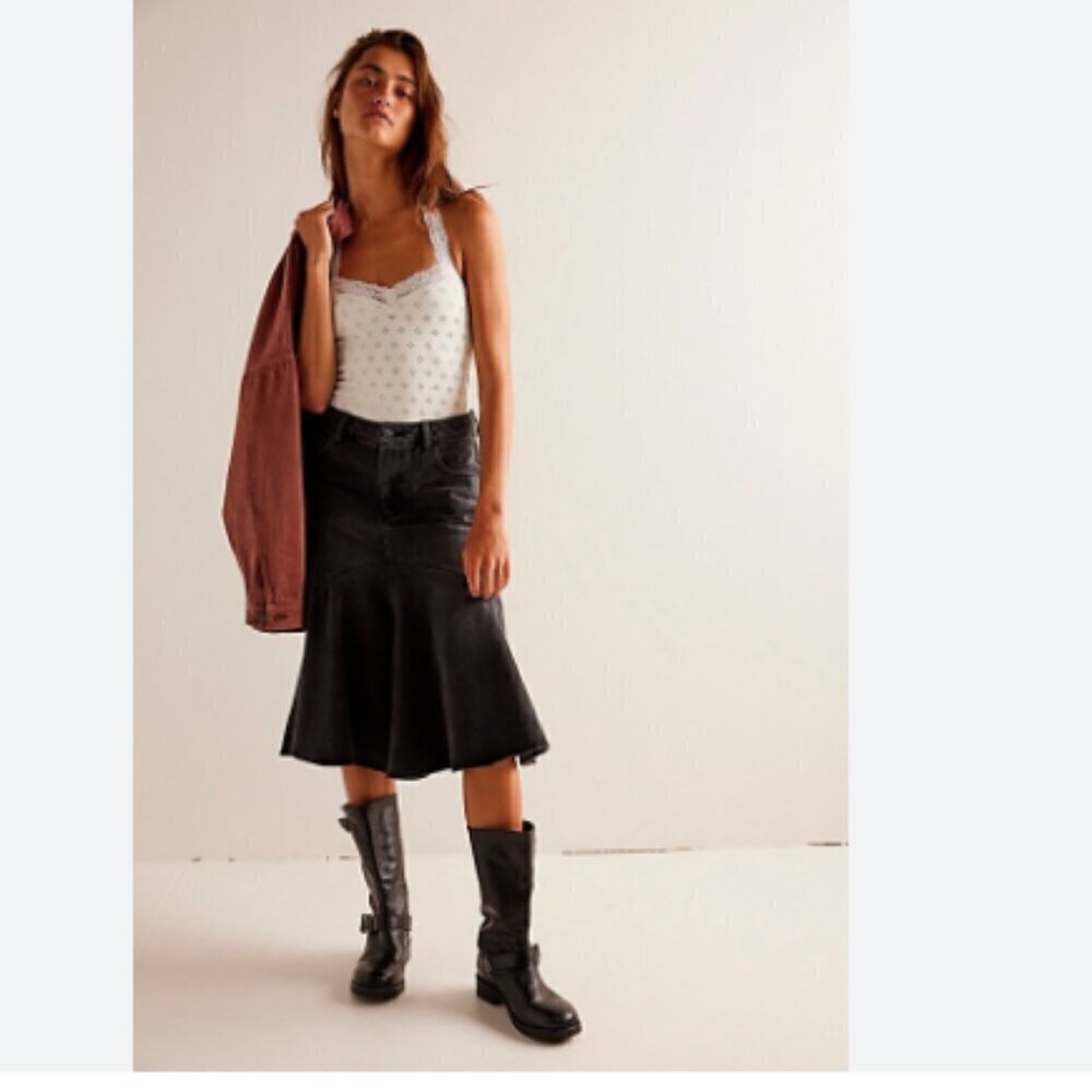 Free People We The Free Fishtail Denim Flare Skirt Boho High Rise 24